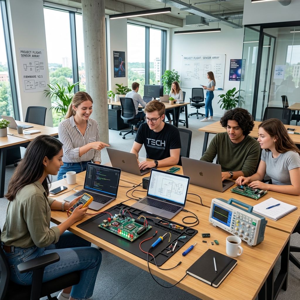 Engineering students in modern tech office