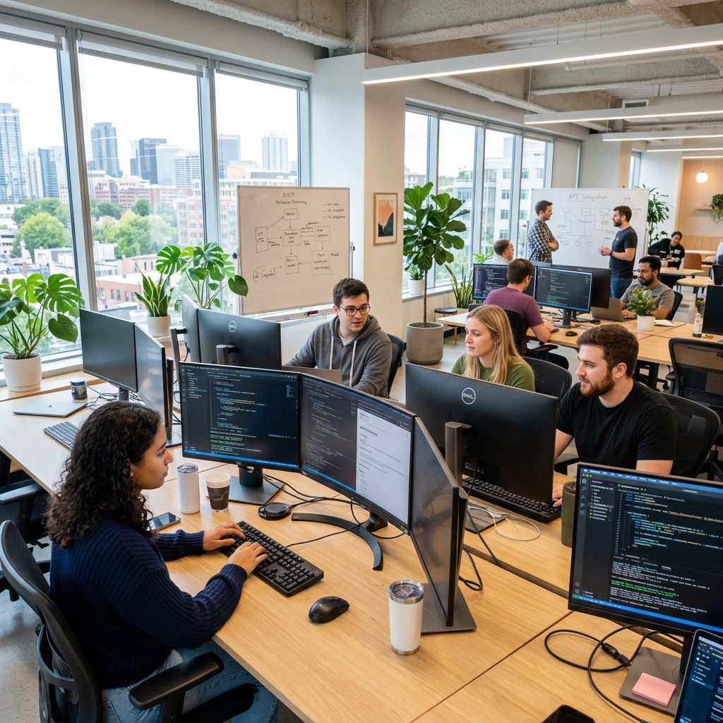 Software developers in bright office